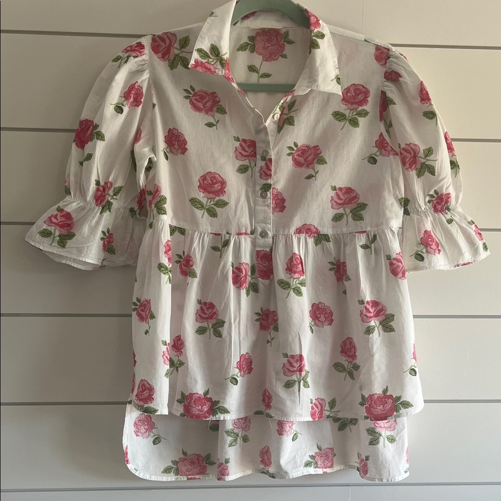 Bombay Paisley Cotton Floral Rose Blouse - Pink and White Size Small